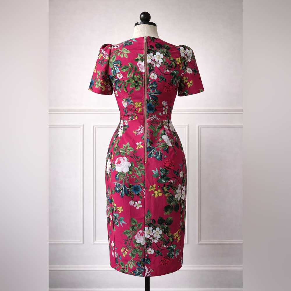 Calvin Klein Fitted Floral Midi Dress in Berry Pink - Picture 2 of 3